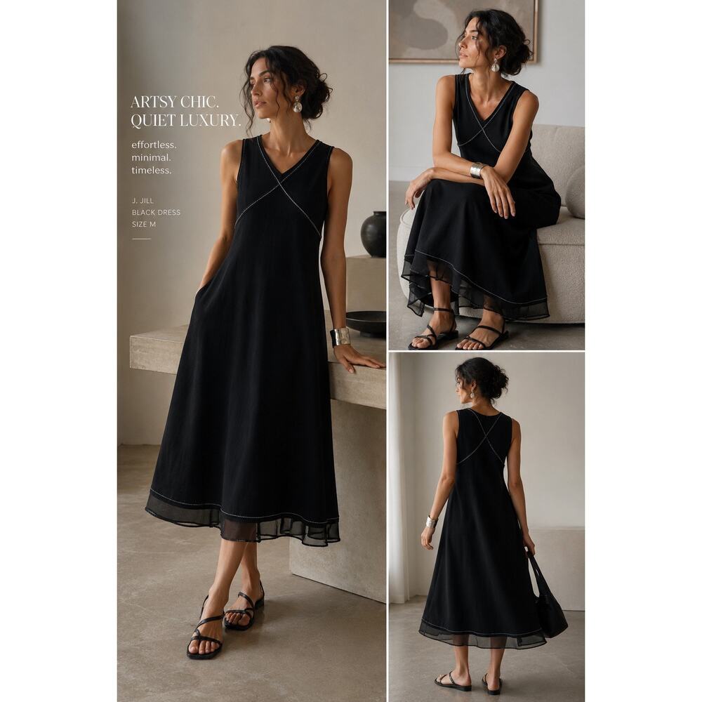 J. Jill Black Sleeveless Midi Dress Mesh Trim Contrast Stitch A-Line Minimalist